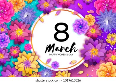 Bright Colorful Origami Flowers. Happy Women s Day. 8 March. Trendy Mother s Day. Paper cut Exotic Tropical Floral Greetings card. Spring blossom on sky blue. Circle frame. Text. Holidays. Modern