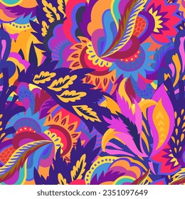 Bright colorful ornamental pattern with psychedelic abstract plant elements. Multicolored vivid texture for design.