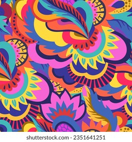 Bright colorful ornamental pattern with psychedelic abstract plant elements. Multicolored vivid texture for design.