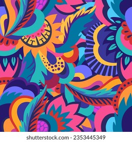 Bright colorful ornamental pattern with psychedelic abstract plant elements. Multicolored vivid texture for design.