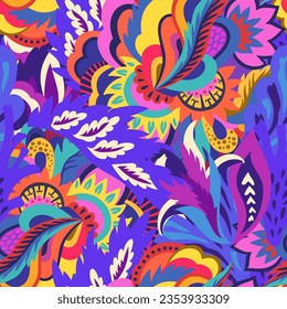 Bright colorful ornamental pattern with psychedelic abstract plant elements. Multicolored vivid texture for design.