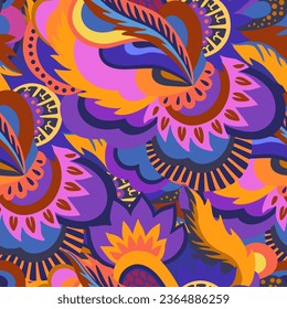 Bright colorful ornamental pattern with psychedelic abstract plant elements. Multicolored vivid texture for design.