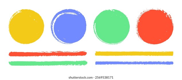 Bright colorful paint brush round frames and highlighter lines. Vector vibrant abstract design elements. Vivid red, blue, yellow and green hand drawn circles and lines  isolated on transparent bg