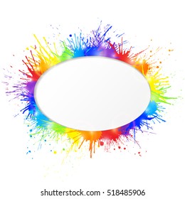 Bright and colorful paint splashes frame with oval cutout for text  on white background. Vector illustration.