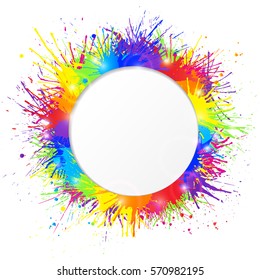 Bright and colorful paint splashes frame with round cutout for text on white background. Vector illustration.