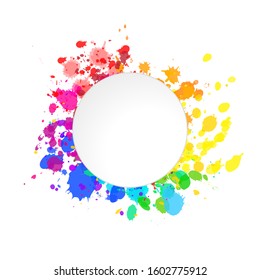 Bright colorful paint splashes of watercolor drops in rainbow colours with round text place isolated on white