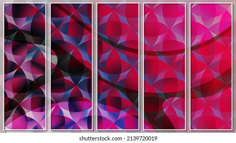 Panel colorido brillante con cinco imágenes abstractas en marcos finos blancos. Círculos traslúcidos, polígonos, segmentos de tonos rosa y magenta alineados en filas. Vector. 