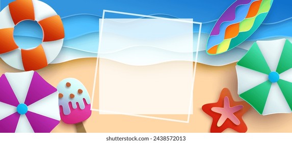 A bright and colorful paper cut illustration of a summer beach scene with a beach umbrella, life preserver, surfboard, and ice cream cone. Vector Illustrator.