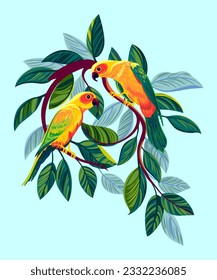 Bright colorful parrots on a tropical forest branch. Handmade drawing vector illustration. Seamless Pattern. 