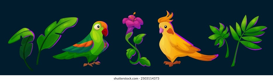 Bright colorful parrots, tropical leaves and flower. Cartoon vector illustration set of cute jungle yellow and green birds and plants. Exotic childish animals for botanical summer time design.