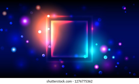Bright colorful party background, abstract neon glowing frame, multicolor square place for text, bokeh