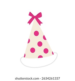 Bright and colorful party hat with pink dots and bow decoration on top. Cone birthday cap for celebration design. Festive paper cap