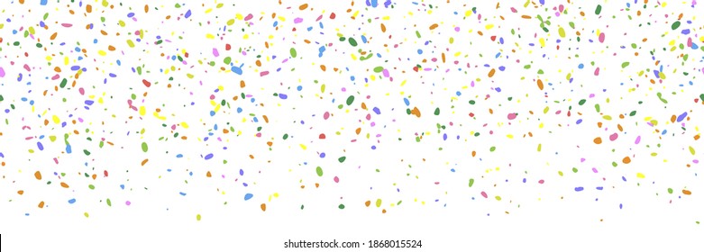 Bright colorful party polka. Explosion seamless background of bright confetti. Rainbow colors confetti dots chaotic scatter. Abstract random vector art for celebratory design, wedding theme, banner