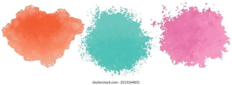 Bright colorful pastel watercolor splash splatter stain brush stroke. Rainbow trendy isolated design on white. Colorful dust explode. Modern vibrant shades aquarelle spot. Multicolor powder explosion