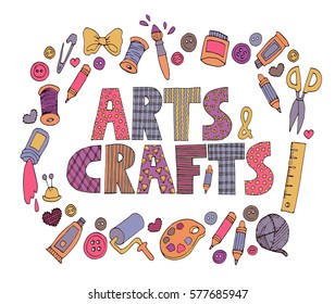 Bright colorful  patchwork "Arts and crafts" text  with set of doodle art icons.