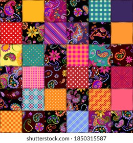 Bright colorful patchwork ornament. Seamless pattern. Print for fabric, textile, wrapping paper