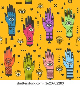Bright colorful pattern consisting of hands in a fancy style. Vector art background.