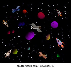 bright colorful pattern of the cosmic sky with a rocket, satellite, planets, clouds. Vector graphics