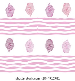 
Bright colorful pattern with cupcakes. Bright vector background for valentine wrapping paper, cards, fabrics etc. Cupcake vector motif