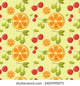 Bright colorful pattern with delicious berries, fruits and vegetables