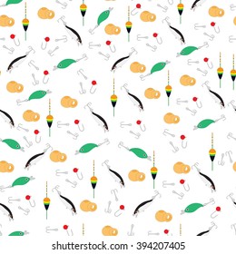 Bright colorful pattern with different tools for fishing on a white background