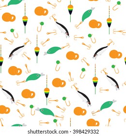 Bright colorful pattern with different tools for fishing on a white background
