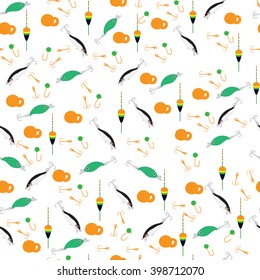 Bright colorful pattern with different tools for fishing on a white background