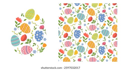 A bright colorful pattern of Easter eggs and spring flowers. Vector seamless pattern, for fabric, wrapping paper, invitations