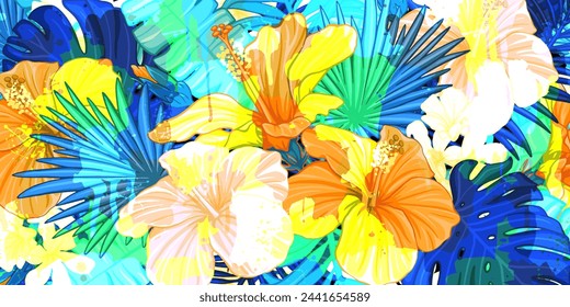 Helle bunte Muster mit exotischen tropischen Blättern und Hibiskusblüten. Farbspritzer. Kunsttapete.