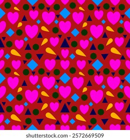 A Bright and colorful pattern featuring pink hearts, geometric shapes, and vibrant colors on red background, creating lively and cheerful design