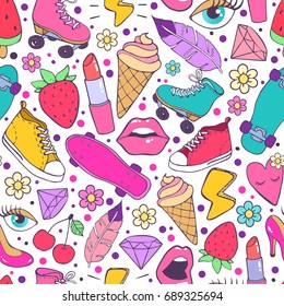 Bright and colorful pattern with funny teen's stuff: lipstick, sneakers, eye, diamond, skateboard, ice cream etc. on white