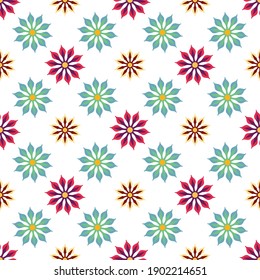 Patrón colorido brillante de flores geométricas sobre un fondo blanco