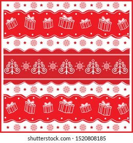 Bright, colorful pattern with the image of openwork Christmas trees, gifts and lots of snowflakes