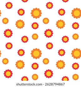 Bright and colorful pattern of orange and red flowers with yellow centers, arranged in a scattered formation.