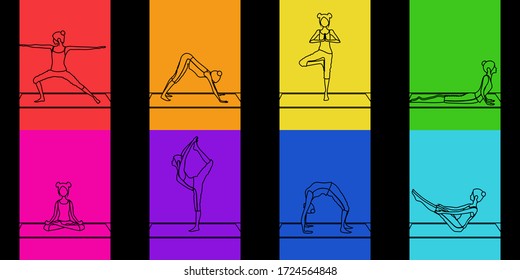 bright colorful pattern with outline girls doing yoga poses