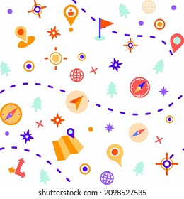 Bright colorful pattern with pins, map pointers, compasses and other elements related to tourism, active sport and navigation. Topography set icons, geography infographic