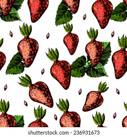 Bright colorful pattern with strawberries. Hand drawing. The template can be used for packaging, printing on cups, bags, wallpaper, textiles.