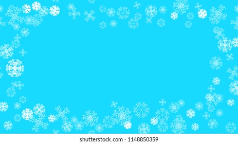 Bright colorful pattern texture of a frame of white snowy winter festive New Year's Christmas various abstract carved snowflakes. Vector illustration.