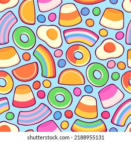 Bright colorful pattern with various sweets, marmalade, lollipops and jelly candies in cartoon style