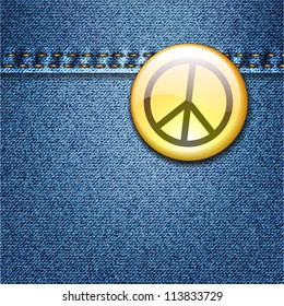 Bright Colorful Peace Badge on Denim Fabric Texture Jacket