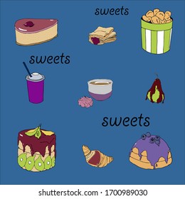 bright colorful picture poster of popcorn ,dessert and a glass of soda.vector