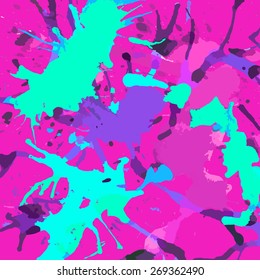 Bright colorful pink and aqua artistic paint splashes, square format.