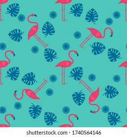 Bright, colorful, pink flamingo on a background of monstera leaves and flowers .Vector illustration on a colored background. Flat design.
