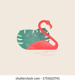 Bright, colorful, pink flamingos in water on a background of monstera leaves .Vector illustration on a colored background. Flat design.
