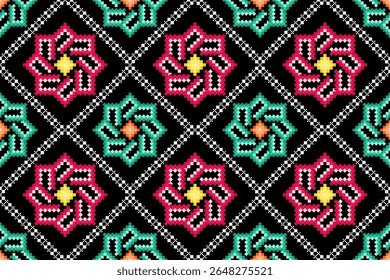Bright ,colorful pixel art pattern ,ethnic,folk art vibe. Features black background, hot pink, teal, yellow,orange flowers,seamless repeat. Perfect for textiles,fashion,digital art, wallpaper,creative