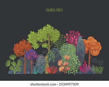 Bright colorful plants. Graphic illustration of forest. Hand drawn stylized trees.