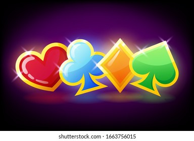 Bright colorful poker symbols - hearts, clubs, spades and diamonds icons,, card suit symbol for slot machine, gambling game design, vector illustration