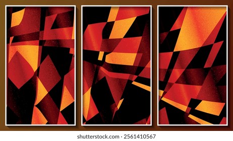 Bright colorful polygonal triptych in hot colors. Composition of three images in white thin frames for interior decoration, blog design, corporate design and your other projects. Vector.