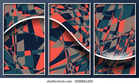 bright colorful polygonal triptych. overlapping surfaces formed by a variety of coral, azure, black and beige polygons. three images in white thin frames. vector 