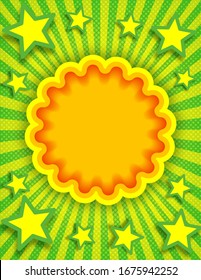 Bright and colorful pop art comic banner template. Vector funny letter format postcard. Decorative swirl stripes and stars background in saturated juicy colors. For posters, flyers, media.